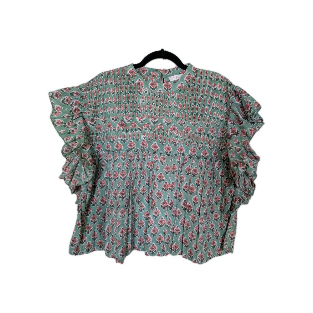 Marea Flutter Sleeve Blockprint Green Pink L Romantic